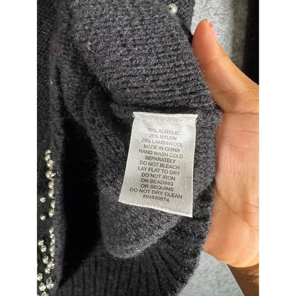 Boston Proper Womens XS‎ Black Lambswool Blend Studded Beaded V-Neck Sweater - Picture 4 of 8